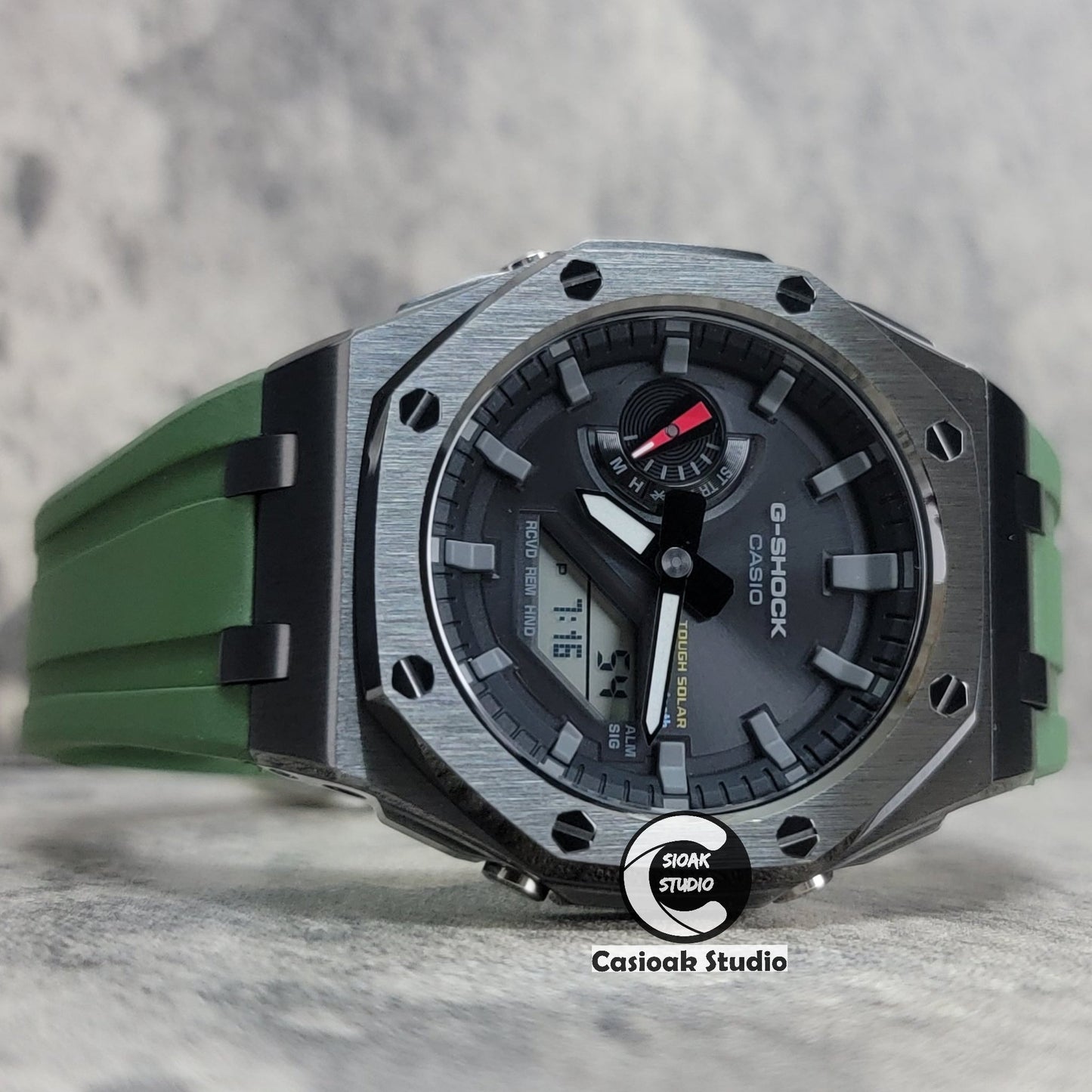 Casioak Mod Watch Solar Bluetooth Offshore Superior Case Green Rubber Strap Black Gray Time Mark Black Dial 44mm- Casioak Mod Casio G-Shock Royal Oak Custom Mens Luxury Watches Ga2100