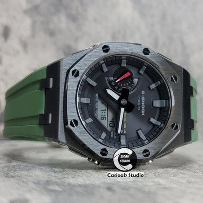 Casioak Mod Watch Solar Bluetooth Offshore Superior Case Green Rubber Strap Black Gray Time Mark Black Dial 44mm- Casioak Mod Casio G-Shock Royal Oak Custom Mens Luxury Watches Ga2100