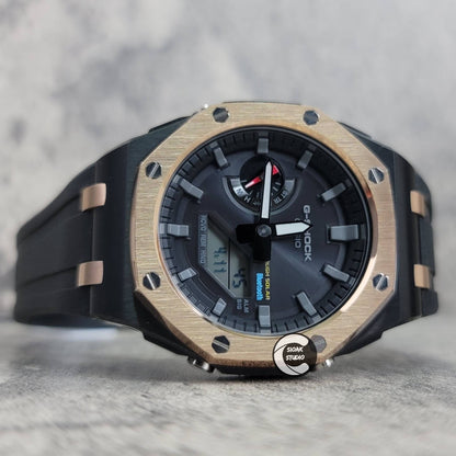 Casioak Mod Watch Solar Bluetooth Offshore Superior Rose Gold Black Case Black Rubber Strap Black Gray Time Mark Black Dial 44mm- Casioak Mod Casio G-Shock Royal Oak Custom Mens Luxury Watches Ga2100