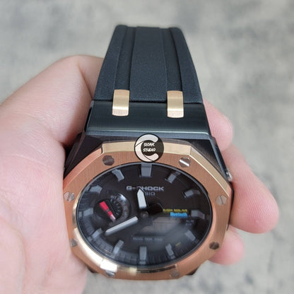 Casioak Mod Watch Solar Bluetooth Offshore Superior Rose Gold Black Case Black Rubber Strap Black Gray Time Mark Black Dial 44mm- Casioak Mod Casio G-Shock Royal Oak Custom Mens Luxury Watches Ga2100