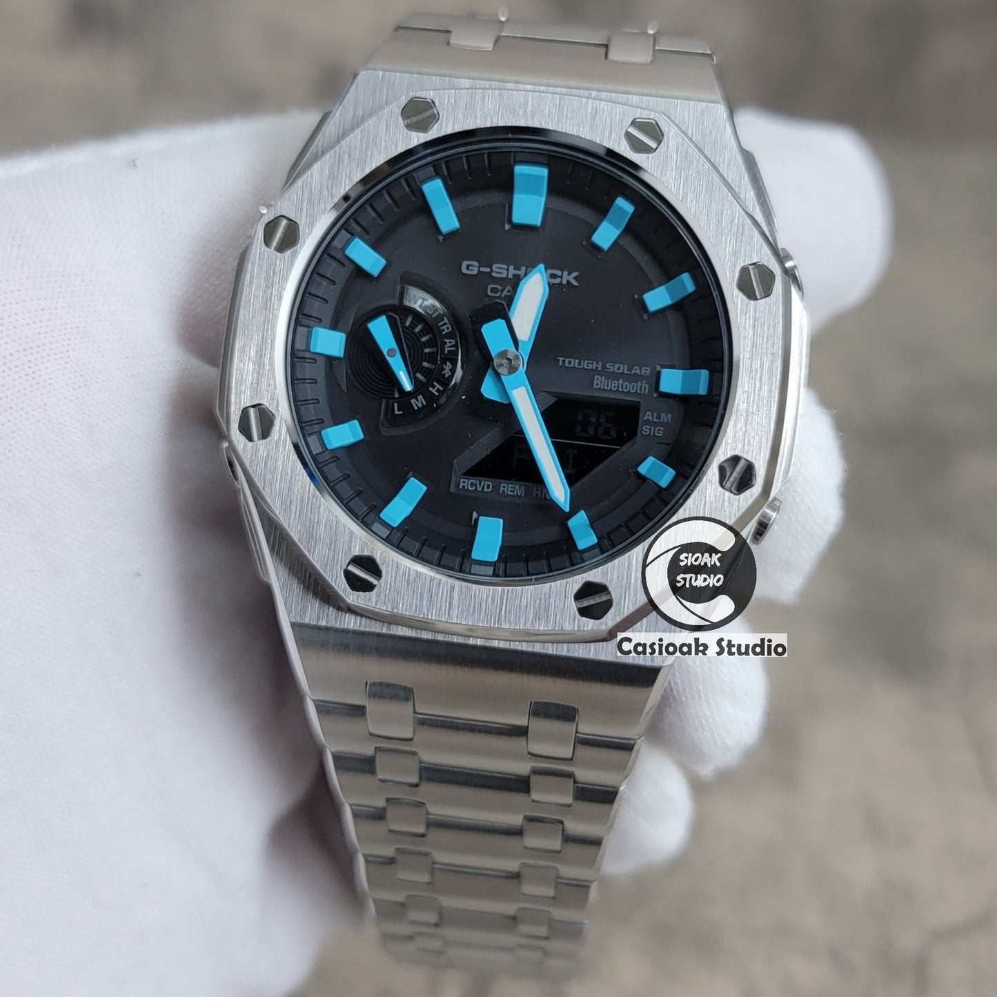 Casioak Mod Watch Solar Bluetooth Offshore Superior Silver Case Metal Strap Black Tiff Blue Time Mark Black Dial 44mm- Casioak Mod Casio G-Shock Royal Oak Custom Mens Luxury Watches Ga2100