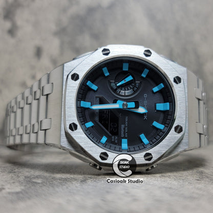 Casioak Mod Watch Solar Bluetooth Offshore Superior Silver Case Metal Strap Black Tiff Blue Time Mark Black Dial 44mm- Casioak Mod Casio G-Shock Royal Oak Custom Mens Luxury Watches Ga2100