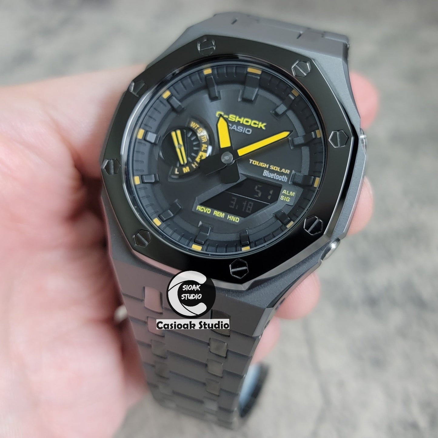 Casioak Mod Watch Solar Bluetooth Polished Gray Case Metal Strap Black Time Mark Black Dial 44mm- Casioak Mod Casio G-Shock Royal Oak Custom Mens Luxury Watches Ga2100