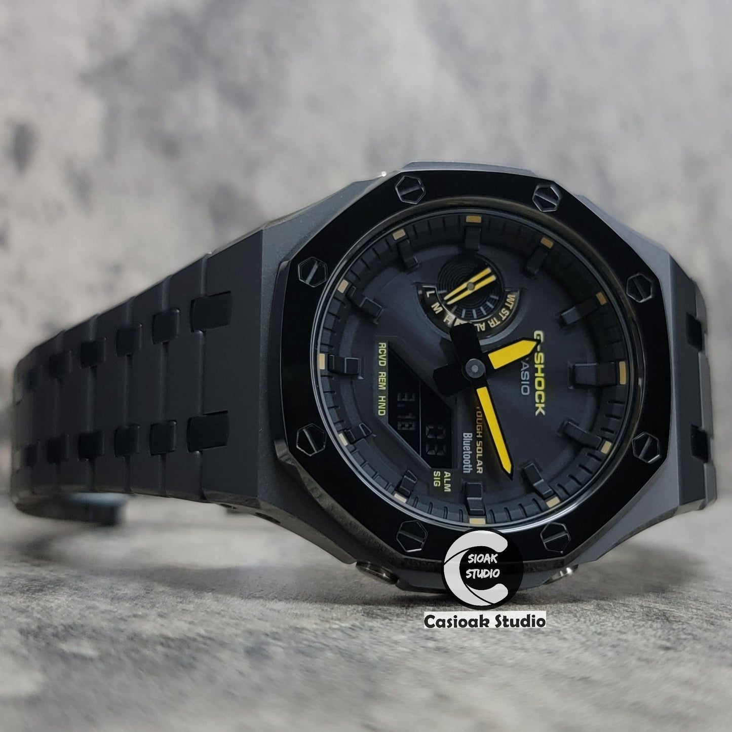 Casioak Mod Watch Solar Bluetooth Polished Gray Case Metal Strap Black Time Mark Black Dial 44mm- Casioak Mod Casio G-Shock Royal Oak Custom Mens Luxury Watches Ga2100