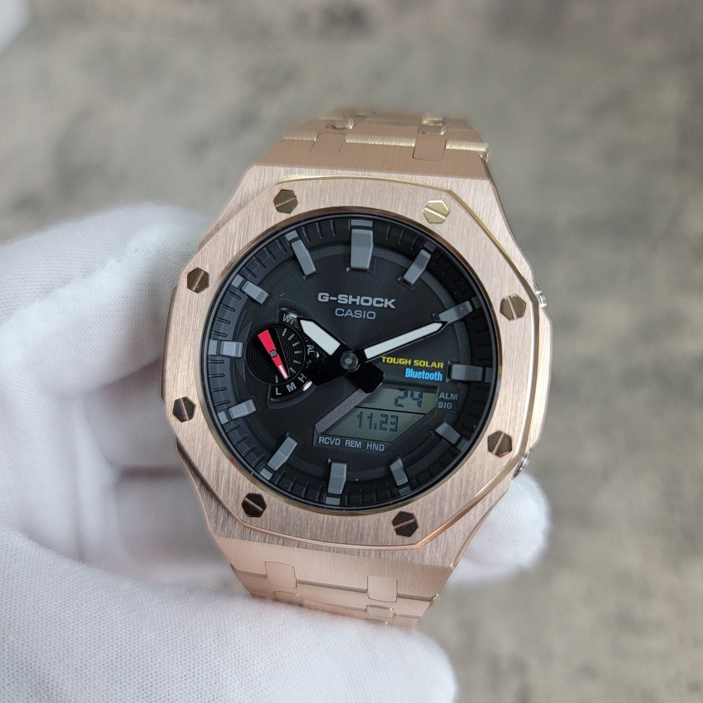 Casioak Mod Watch Solar Bluetooth Rose Gold Case Metal Strap Black Gray Time Mark Black Dial 44mm G SHOCK CUSTOM- Casioak Mod Casio G-Shock Royal Oak Custom Mens Luxury Watches Ga2100