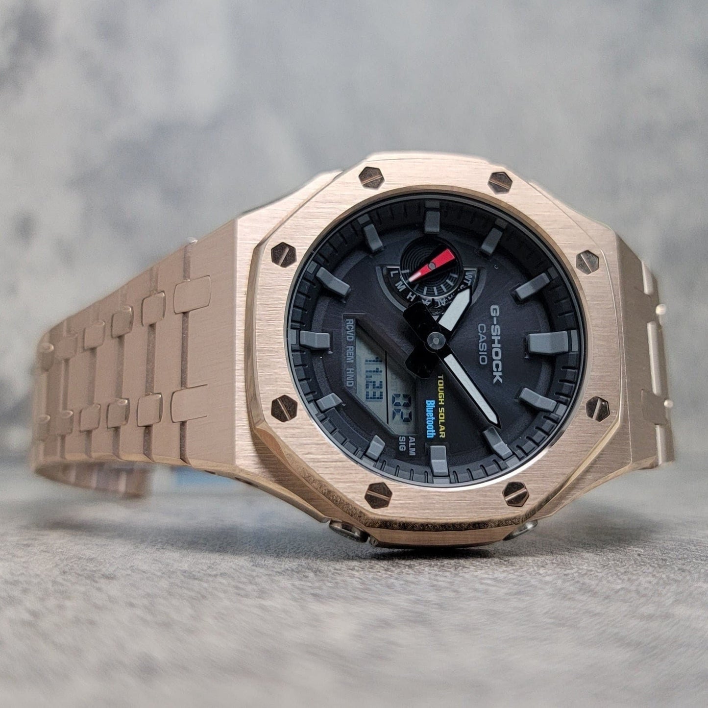 Casioak Mod Watch Solar Bluetooth Rose Gold Case Metal Strap Black Gray Time Mark Black Dial 44mm G SHOCK CUSTOM- Casioak Mod Casio G-Shock Royal Oak Custom Mens Luxury Watches Ga2100