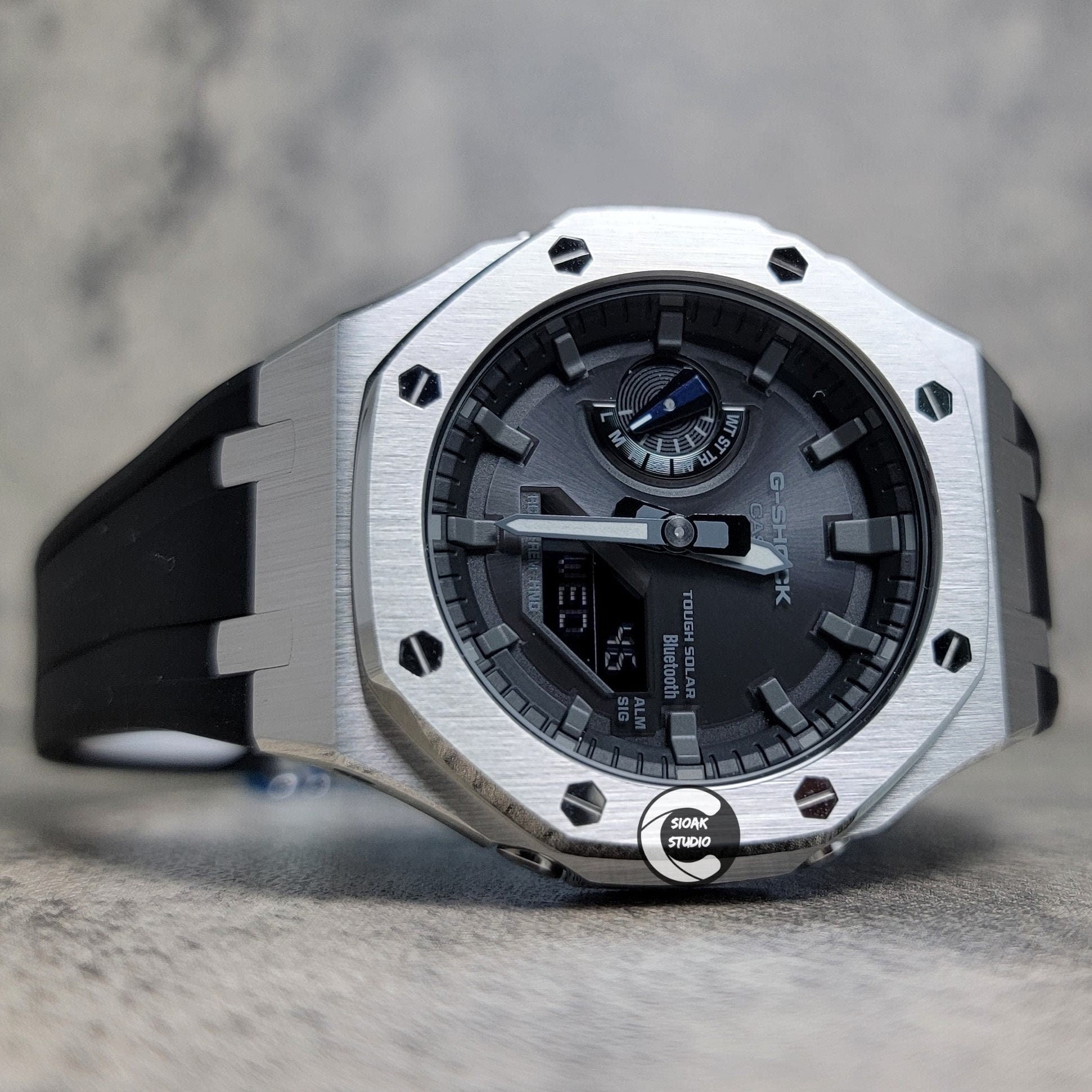 Casioak Mod Watch Solar Bluetooth Silver Cas White Rubber Strap Black Gray Time Mark Black Gray Dial 44mm G SHOCK CUSTOM的副本- Casioak Mod Casio G-Shock Royal Oak Custom Mens Luxury Watches Ga2100