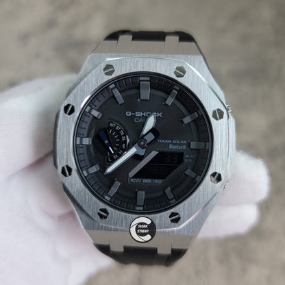 Casioak Mod Watch Solar Bluetooth Silver Cas White Rubber Strap Black Gray Time Mark Black Gray Dial 44mm G SHOCK CUSTOM的副本- Casioak Mod Casio G-Shock Royal Oak Custom Mens Luxury Watches Ga2100