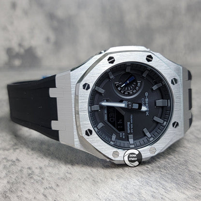 Casioak Mod Watch Solar Bluetooth Silver Cas White Rubber Strap Black Gray Time Mark Black Gray Dial 44mm G SHOCK CUSTOM的副本- Casioak Mod Casio G-Shock Royal Oak Custom Mens Luxury Watches Ga2100