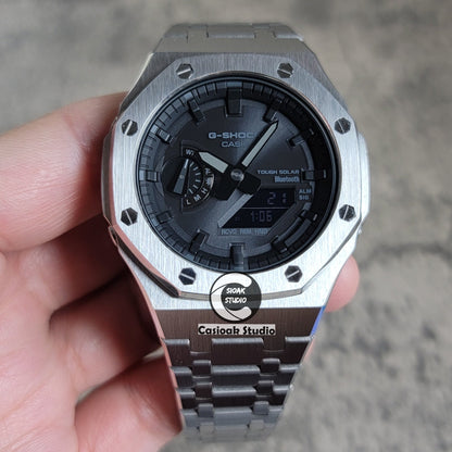 Casioak Mod Watch Solar Bluetooth Silver Case Metal Strap Black Time Mark Black Dial 44mm- Casioak Mod Casio G-Shock Royal Oak Custom Mens Luxury Watches Ga2100