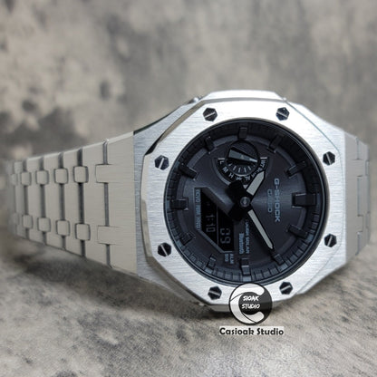 Casioak Mod Watch Solar Bluetooth Silver Case Metal Strap Black Time Mark Black Dial 44mm- Casioak Mod Casio G-Shock Royal Oak Custom Mens Luxury Watches Ga2100