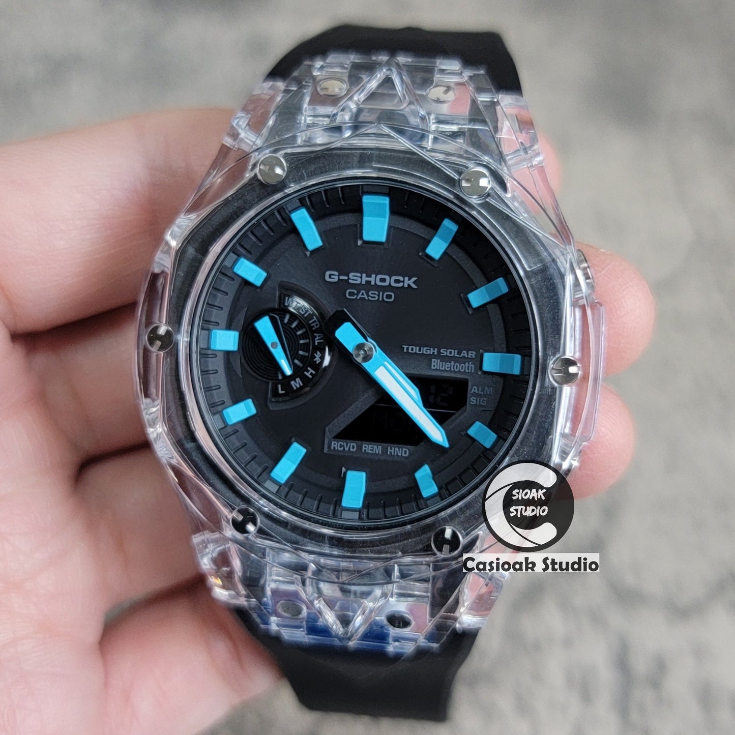 Casioak Mod Watch Solar Bluetooth Transparent Case Black Strap Black Tiff Time Mark Black Dial 44mm- Casioak Mod Casio G-Shock Royal Oak Custom Mens Luxury Watches Ga2100