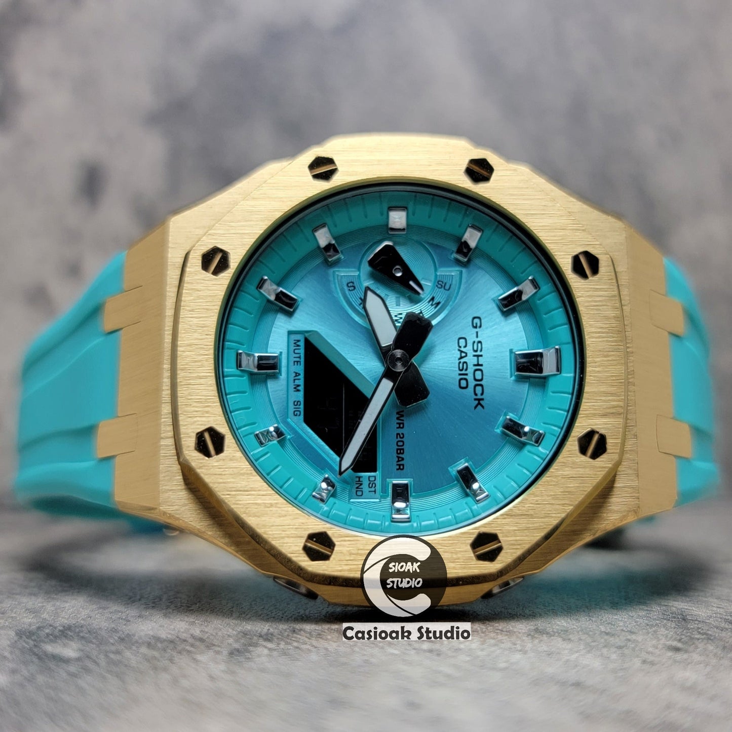 Casioak Mod Watch Std Gold Case Tiff Rubber Strap Tiff Silver Time Mark Tiff Blue Dial 44mm- Casioak Mod Casio G-Shock Royal Oak Custom Mens Luxury Watches Ga2100