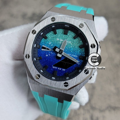 Casioak Mod Watch Std Silver Case Tiff Blue Rubber Strap Black Time Mark BlingTiff Blue Dial 44mm- Casioak Mod Casio G-Shock Royal Oak Custom Mens Luxury Watches Ga2100