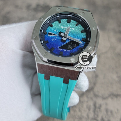 Casioak Mod Watch Std Silver Case Tiff Blue Rubber Strap Black Time Mark BlingTiff Blue Dial 44mm- Casioak Mod Casio G-Shock Royal Oak Custom Mens Luxury Watches Ga2100