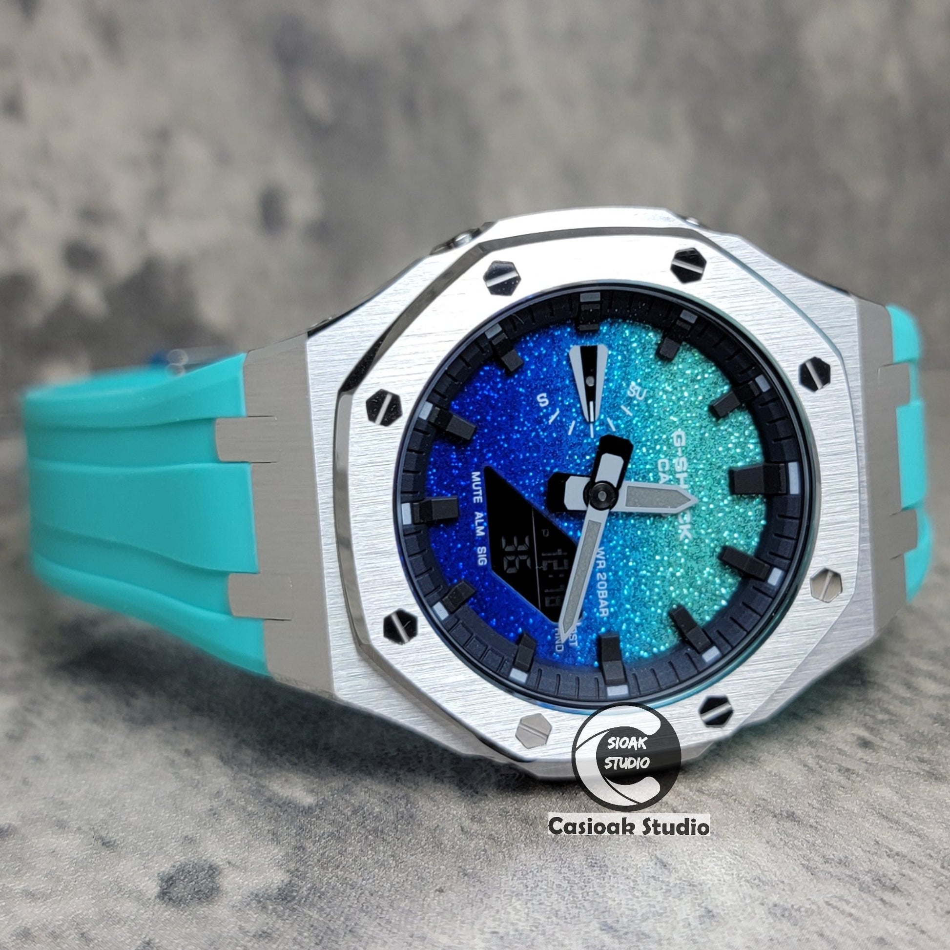 Casioak Mod Watch Std Silver Case Tiff Blue Rubber Strap Black Time Mark BlingTiff Blue Dial 44mm- Casioak Mod Casio G-Shock Royal Oak Custom Mens Luxury Watches Ga2100