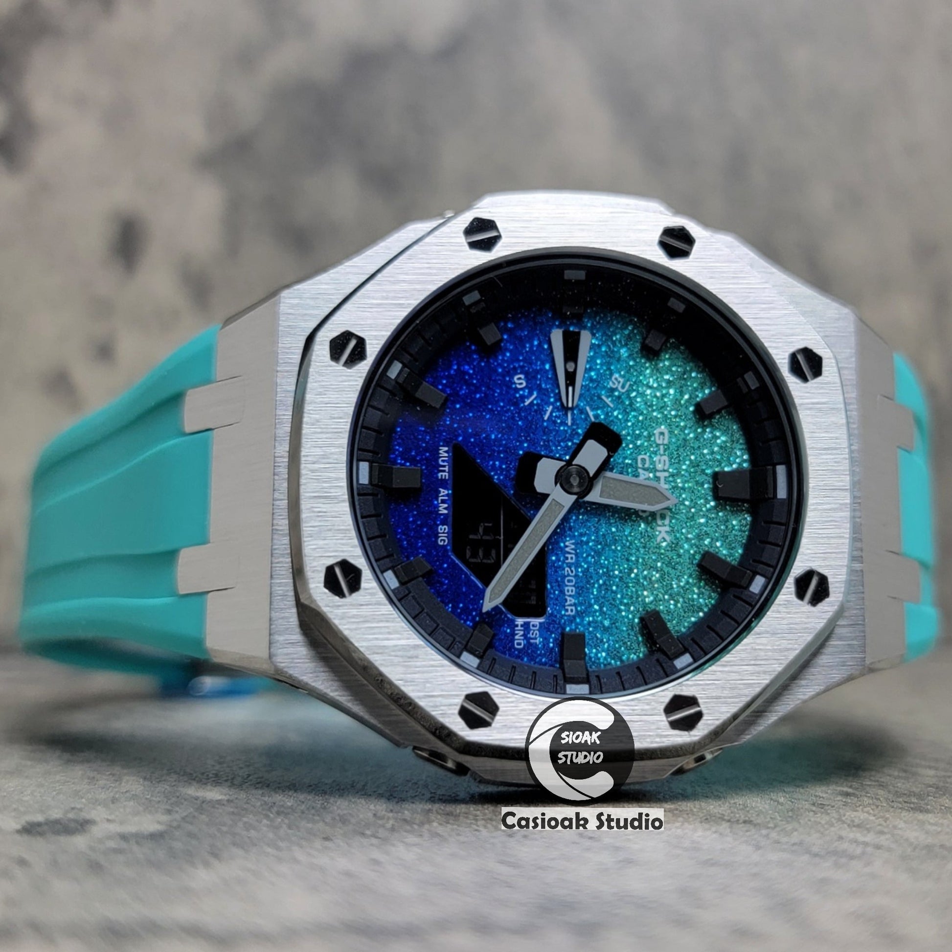 Casioak Mod Watch Std Silver Case Tiff Blue Rubber Strap Black Time Mark BlingTiff Blue Dial 44mm- Casioak Mod Casio G-Shock Royal Oak Custom Mens Luxury Watches Ga2100