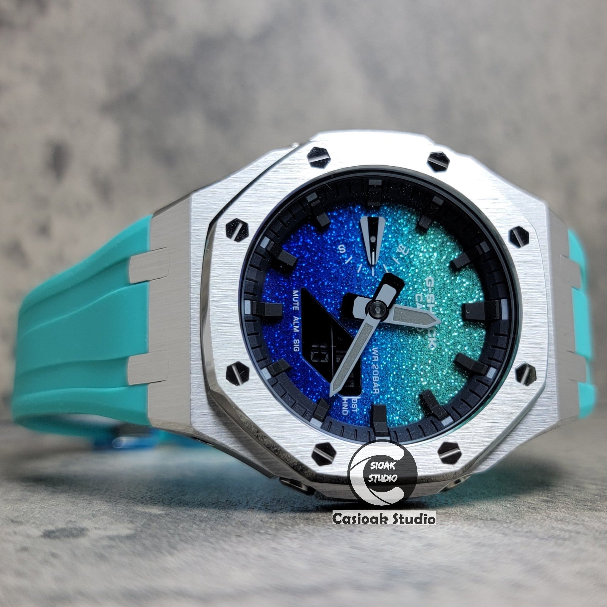 Casioak Mod Watch Std Silver Case Tiff Blue Rubber Strap Black Time Mark BlingTiff Blue Dial 44mm- Casioak Mod Casio G-Shock Royal Oak Custom Mens Luxury Watches Ga2100