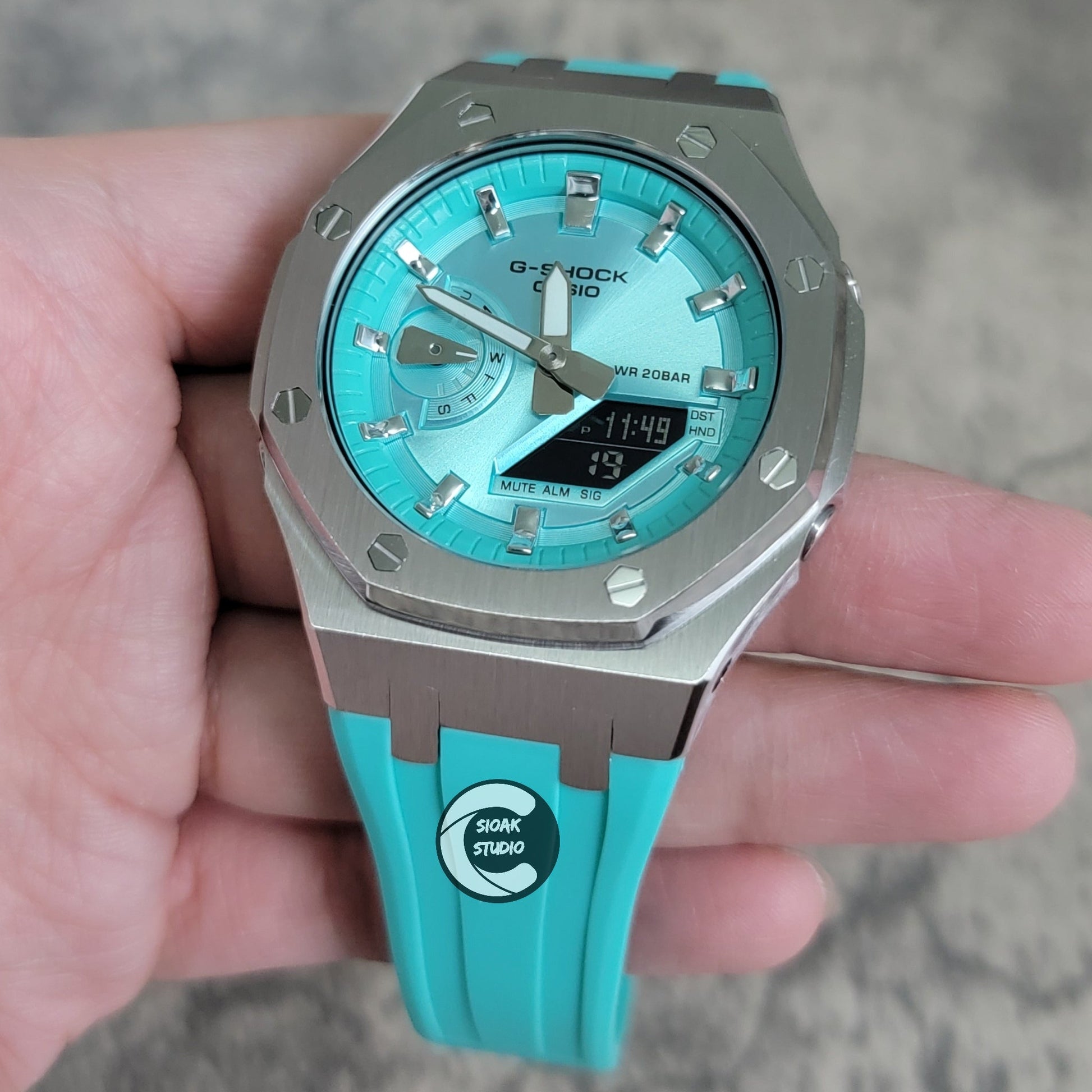 Casioak Mod Watch Std Silver Case Tiff Rubber Strap Tiff Silver Time Mark Tiff Blue Dial 44mm- Casioak Mod Casio G-Shock Royal Oak Custom Mens Luxury Watches Ga2100