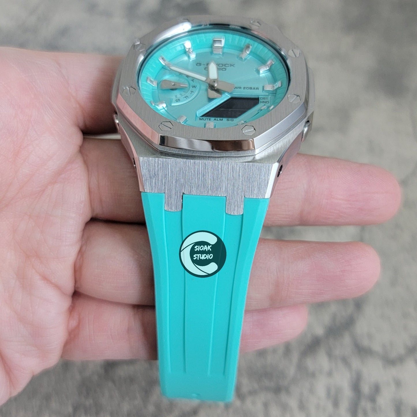 Casioak Mod Watch Std Silver Case Tiff Rubber Strap Tiff Silver Time Mark Tiff Blue Dial 44mm- Casioak Mod Casio G-Shock Royal Oak Custom Mens Luxury Watches Ga2100