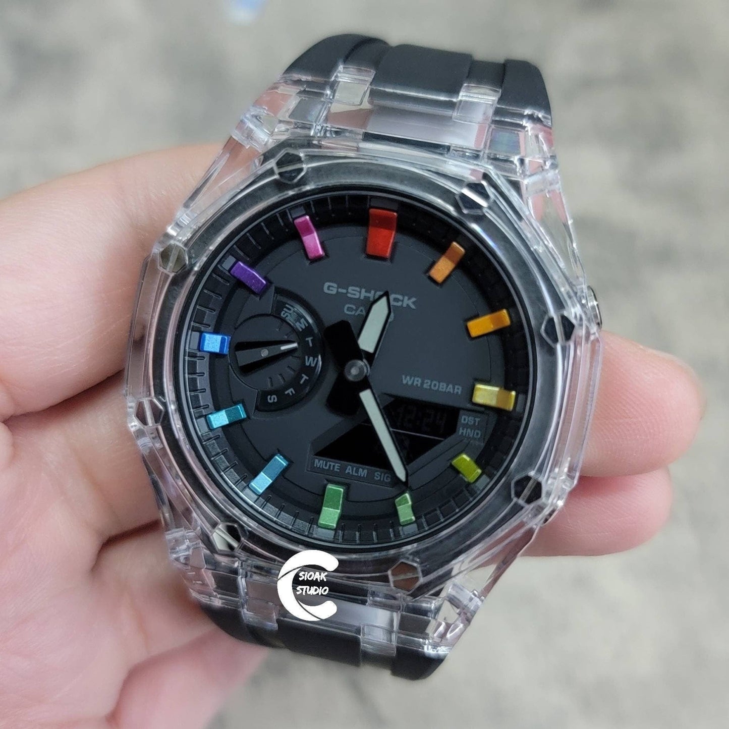 Casioak Mod Watch Transparent Case Black Strap Black Rainbow Time Mark Black Dial 44mm- Casioak Mod Casio G-Shock Royal Oak Custom Mens Luxury Watches Ga2100