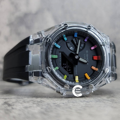 Casioak Mod Watch Transparent Case Black Strap Black Rainbow Time Mark Black Dial 44mm- Casioak Mod Casio G-Shock Royal Oak Custom Mens Luxury Watches Ga2100