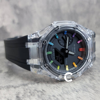 Casioak Mod Watch Transparent Case Black Strap Black Rainbow Time Mark Black Dial 44mm- Casioak Mod Casio G-Shock Royal Oak Custom Mens Luxury Watches Ga2100