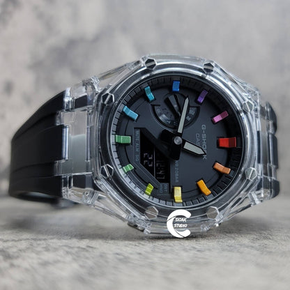 Casioak Mod Watch Transparent Case Black Strap Black Rainbow Time Mark Black Dial 44mm- Casioak Mod Casio G-Shock Royal Oak Custom Mens Luxury Watches Ga2100