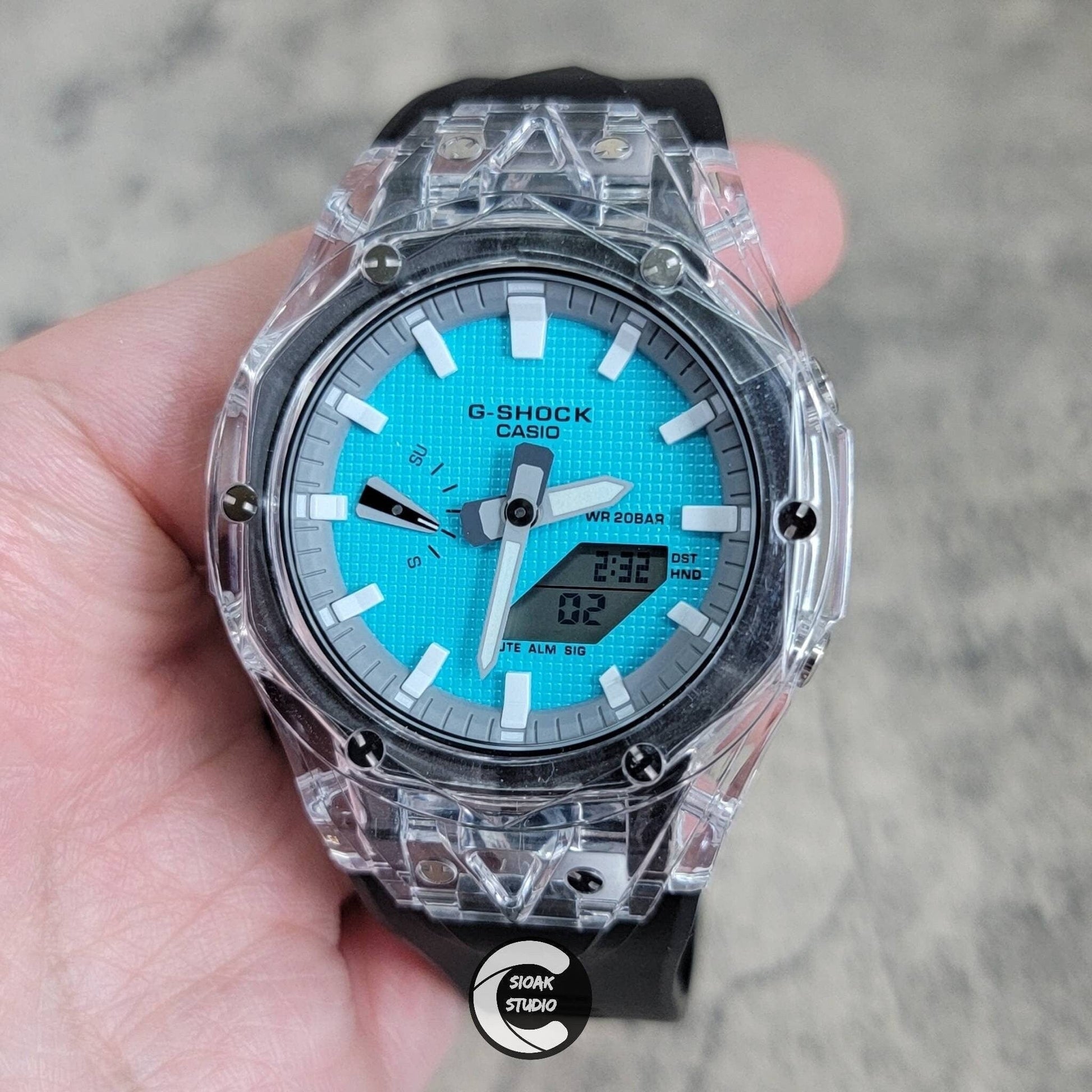 Casioak Mod Watch Transparent Case Black Strap Gray White Time Mark Tiff Blue Dial 44mm- Casioak Mod Casio G-Shock Royal Oak Custom Mens Luxury Watches Ga2100