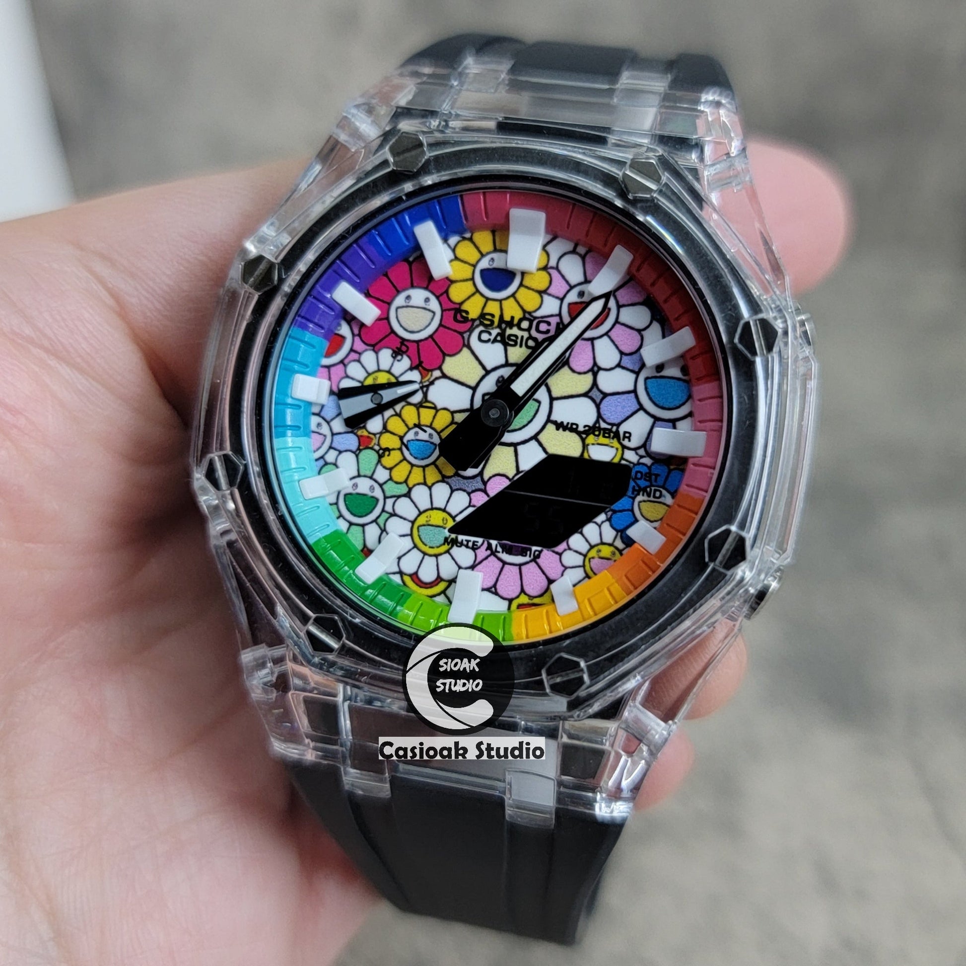 Casioak Mod Watch Transparent Case Black Strap Rainbow White Time Mark Takashi Murakami Dial 44mm- Casioak Mod Casio G-Shock Royal Oak Custom Mens Luxury Watches Ga2100