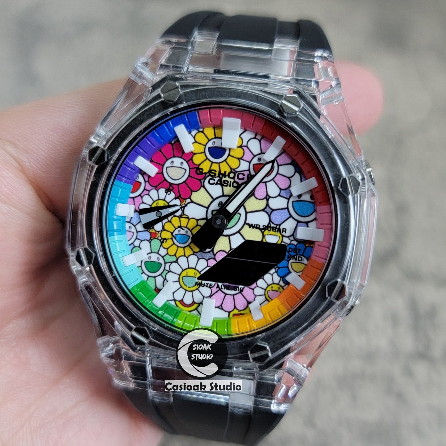 Casioak Mod Watch Transparent Case Black Strap Rainbow White Time Mark Takashi Murakami Dial 44mm- Casioak Mod Casio G-Shock Royal Oak Custom Mens Luxury Watches Ga2100