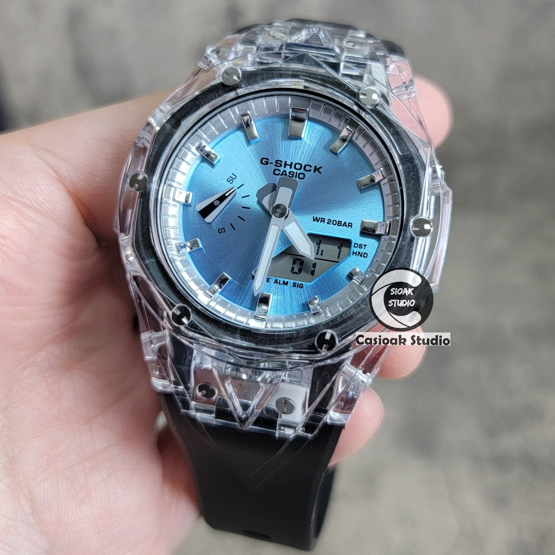 Casioak Mod Watch Transparent Case Black Strap Silverw Time Mark Blue Dial 44mm- Casioak Mod Casio G-Shock Royal Oak Custom Mens Luxury Watches Ga2100