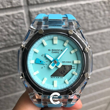 Casioak Mod Watch Transparent Case Blue Strap Tiff White Time Mark Tiff Blue Dial 44mm- Casioak Mod Casio G-Shock Royal Oak Custom Mens Luxury Watches Ga2100