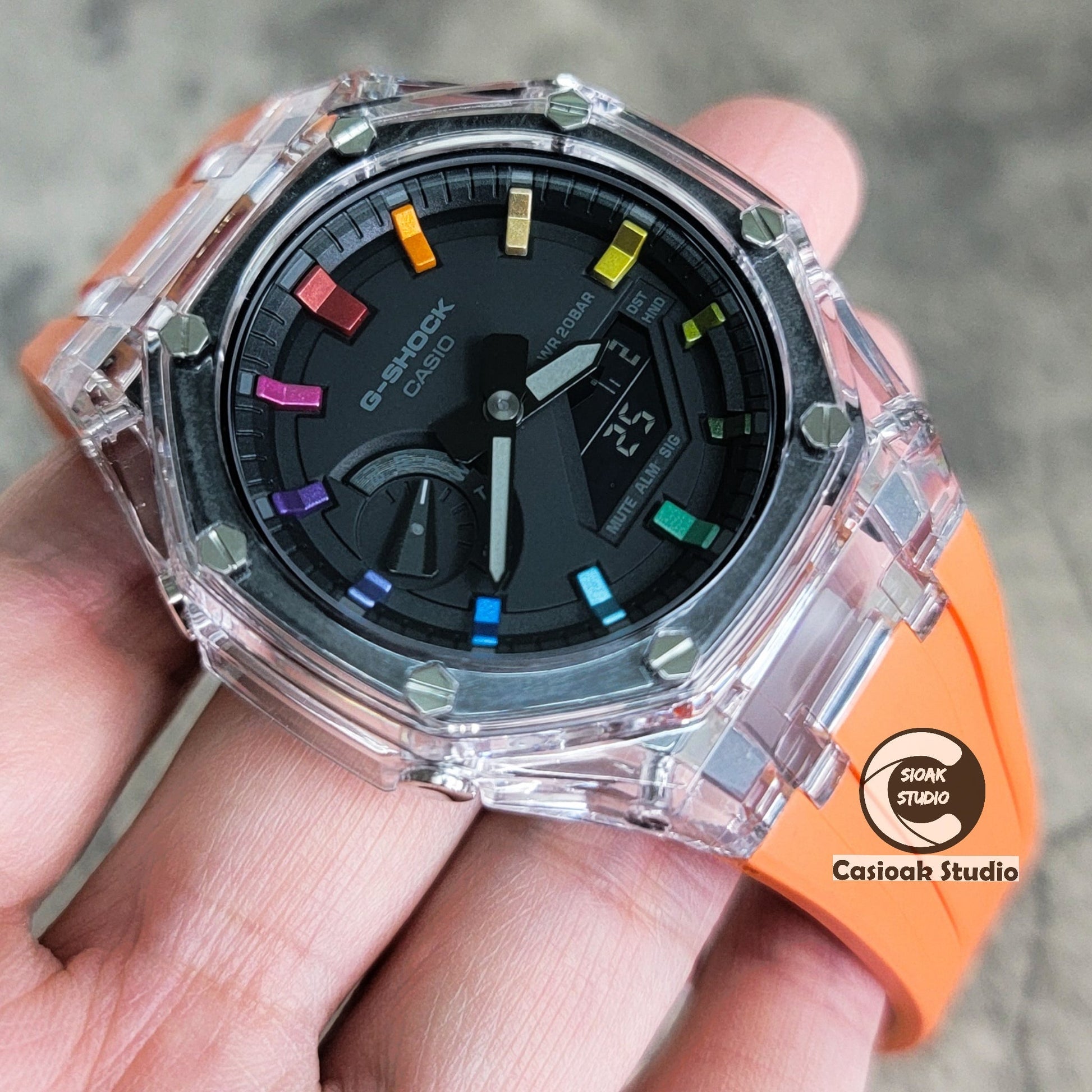 Casioak Mod Watch Transparent Case Orange Strap Black Rainbow Time Mark Black Dial 44mm- Casioak Mod Casio G-Shock Royal Oak Custom Mens Luxury Watches Ga2100