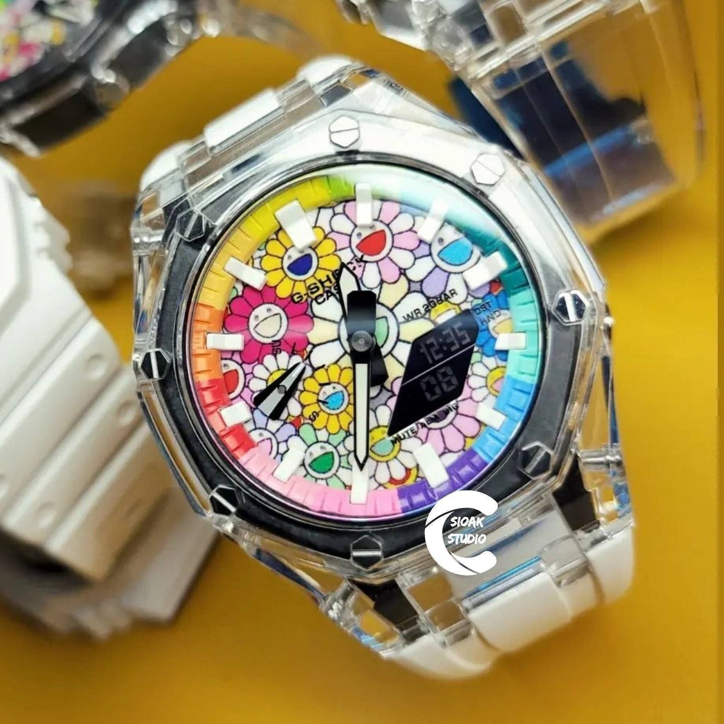 Casioak Mod Watch Transparent Case Strap Rainbow White Time Mark Takashi Murakami Dial 44mm- Casioak Mod Casio G-Shock Royal Oak Custom Mens Luxury Watches Ga2100