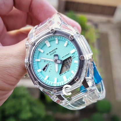 Casioak Mod Watch Transparent Case Strap Tiff White Time Mark Tiff Blue Dial 44mm- Casioak Mod Casio G-Shock Royal Oak Custom Mens Luxury Watches Ga2100