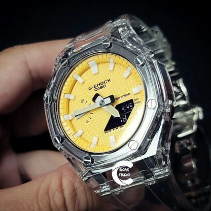 Casioak Mod Watch Transparent Case Strap Yellow White Time Mark Yellow Dial 44mm- Casioak Mod Casio G-Shock Royal Oak Custom Mens Luxury Watches Ga2100