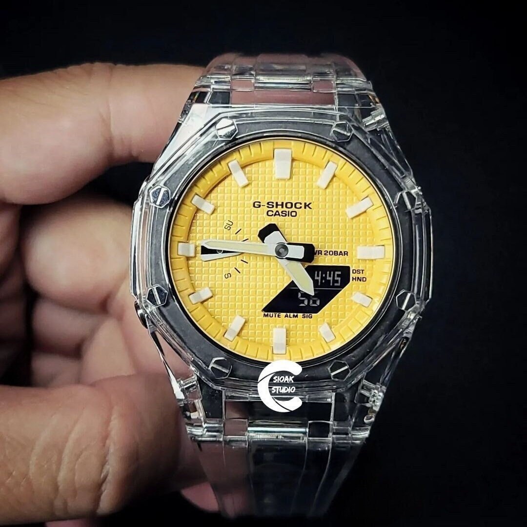 Casioak Mod Watch Transparent Case Strap Yellow White Time Mark Yellow Dial 44mm- Casioak Mod Casio G-Shock Royal Oak Custom Mens Luxury Watches Ga2100