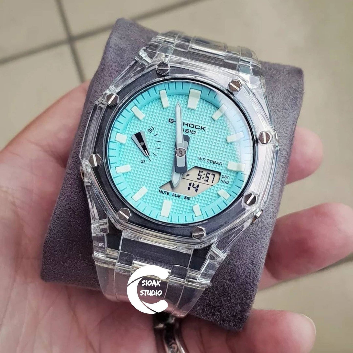 Casioak Mod Watch Transparent Case Tiff Strap Tiff White Time Mark Tiff Blue Dial 44mm- Casioak Mod Casio G-Shock Royal Oak Custom Mens Luxury Watches Ga2100