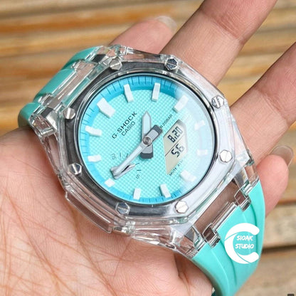 Casioak Mod Watch Transparent Case Tiff Strap Tiff White Time Mark Tiff Blue Dial 44mm- Casioak Mod Casio G-Shock Royal Oak Custom Mens Luxury Watches Ga2100