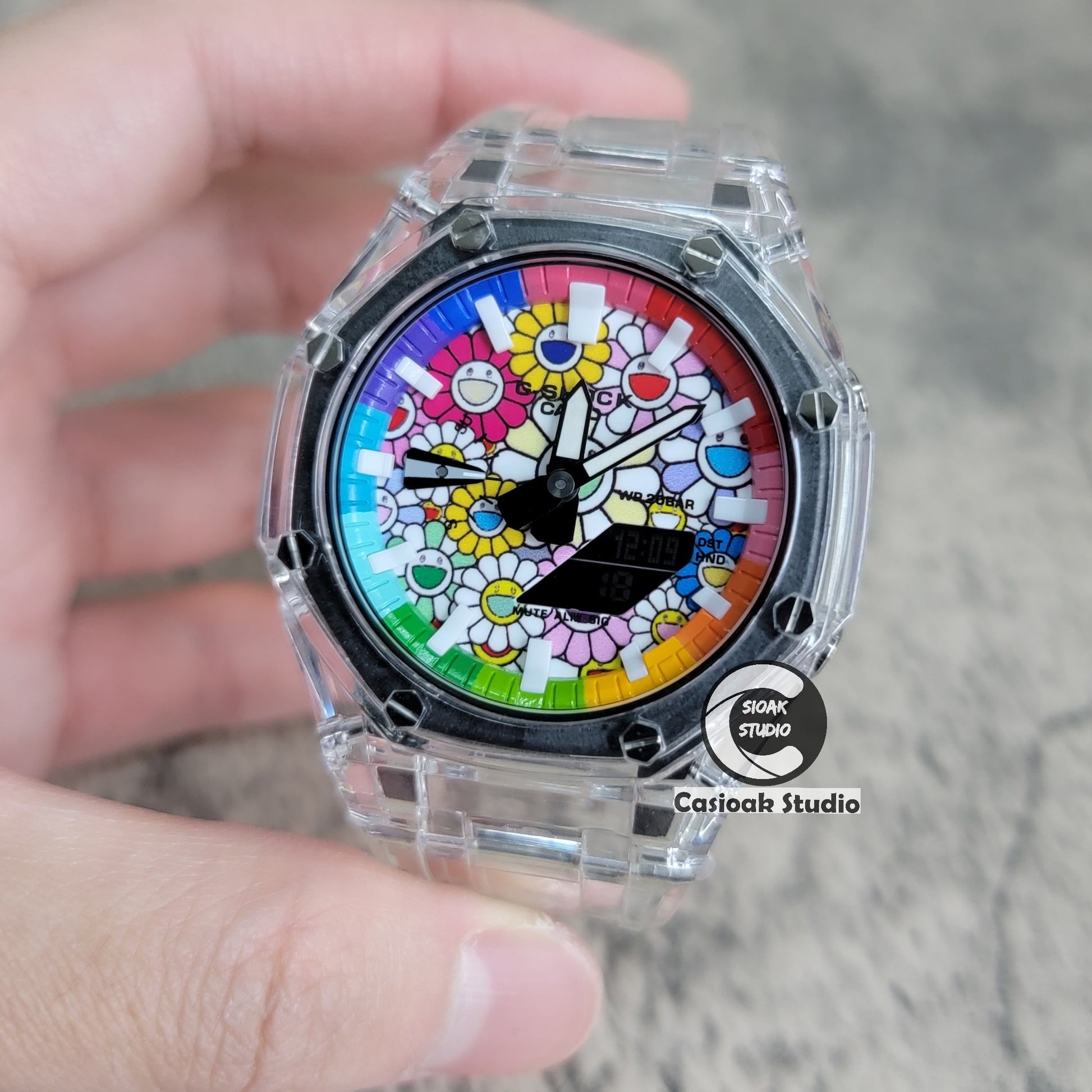 Casioak Mod Watch Transparent Case Transparent Strap Rainbow White Time Mark Takashi Murakami Dial 44mm- Casioak Mod Casio G-Shock Royal Oak Custom Mens Luxury Watches Ga2100