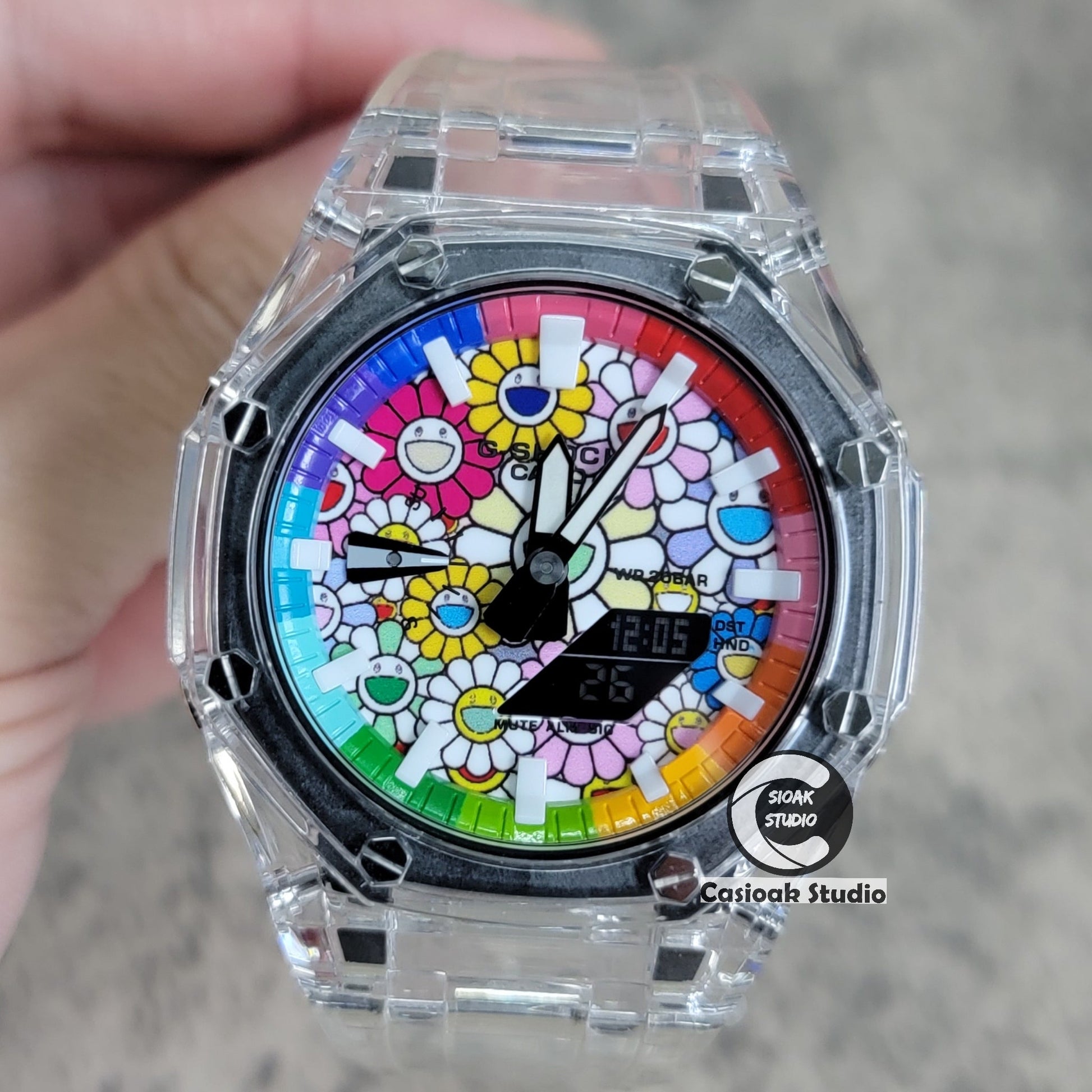 Casioak Mod Watch Transparent Case Transparent Strap Rainbow White Time Mark Takashi Murakami Dial 44mm- Casioak Mod Casio G-Shock Royal Oak Custom Mens Luxury Watches Ga2100