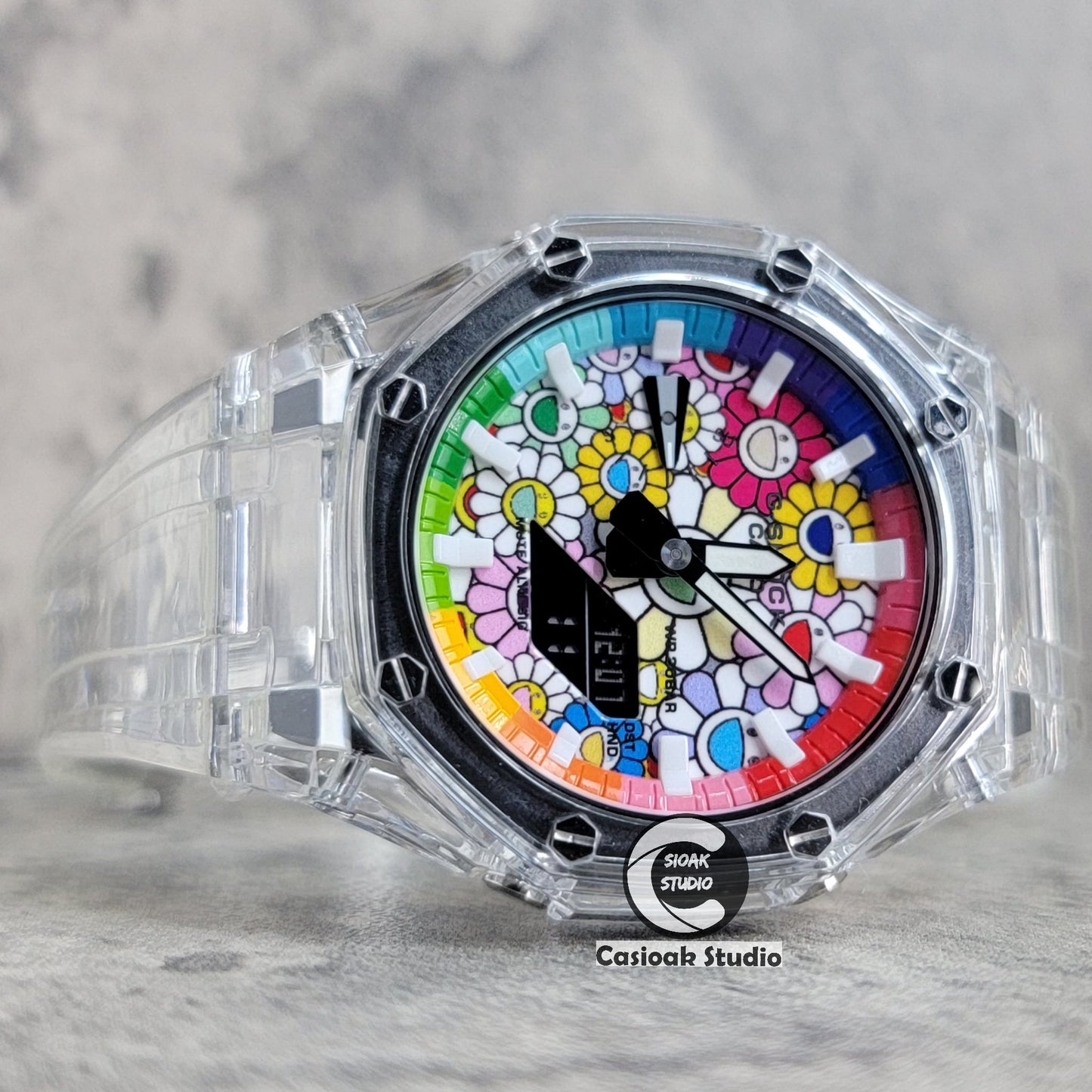 Casioak Mod Watch Transparent Case Transparent Strap Rainbow White Time Mark Takashi Murakami Dial 44mm- Casioak Mod Casio G-Shock Royal Oak Custom Mens Luxury Watches Ga2100