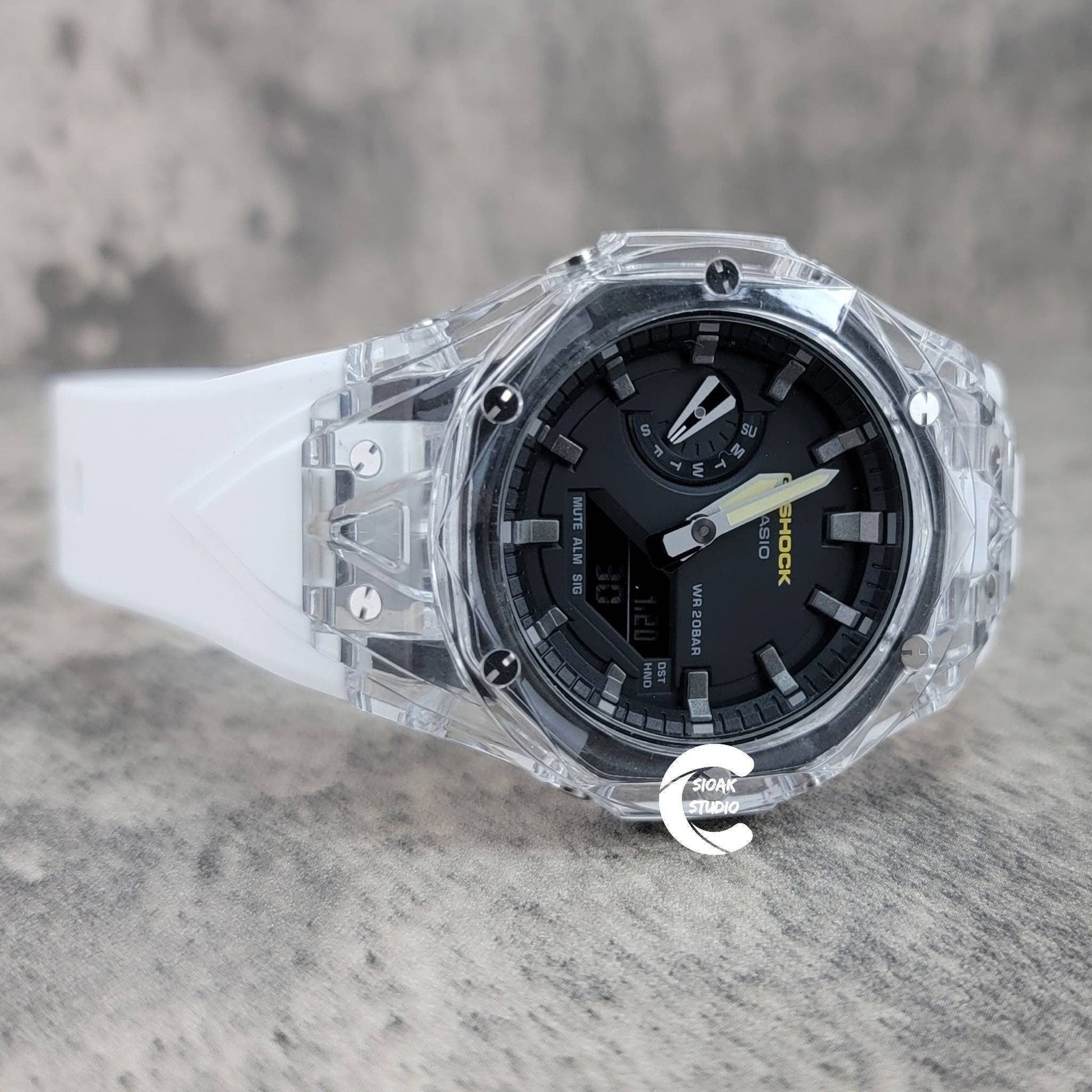 Casioak Mod Watch Transparent Case White Strap Black Gray Time Mark Black Dial 44mm- Casioak Mod Casio G-Shock Royal Oak Custom Mens Luxury Watches Ga2100