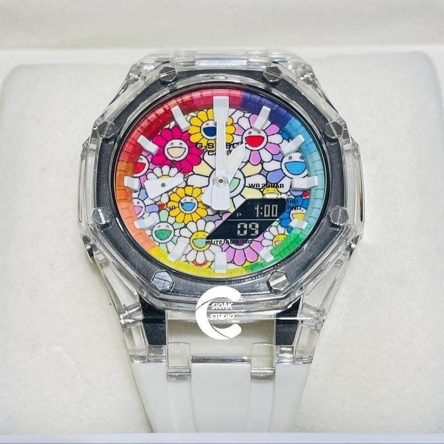 Casioak Mod Watch Transparent Case White Strap Rainbow White Time Mark Takashi Murakami Dial 44mm- Casioak Mod Casio G-Shock Royal Oak Custom Mens Luxury Watches Ga2100