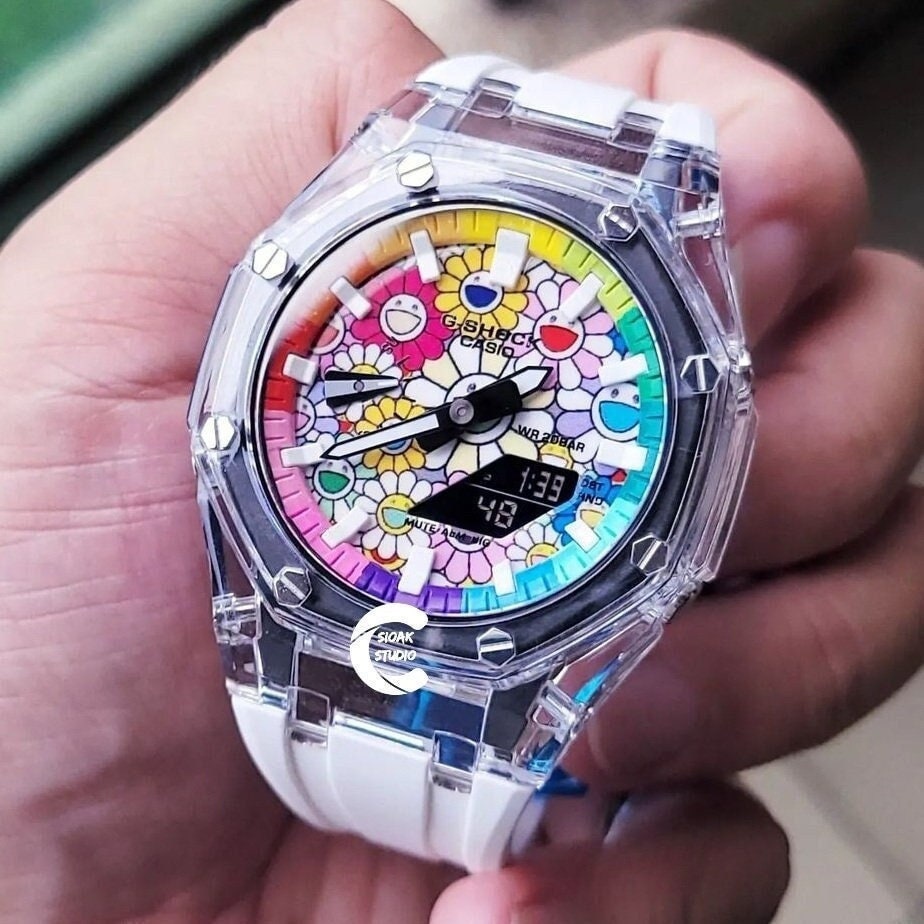 Casioak Mod Watch Transparent Case White Strap Rainbow White Time Mark Takashi Murakami Dial 44mm- Casioak Mod Casio G-Shock Royal Oak Custom Mens Luxury Watches Ga2100