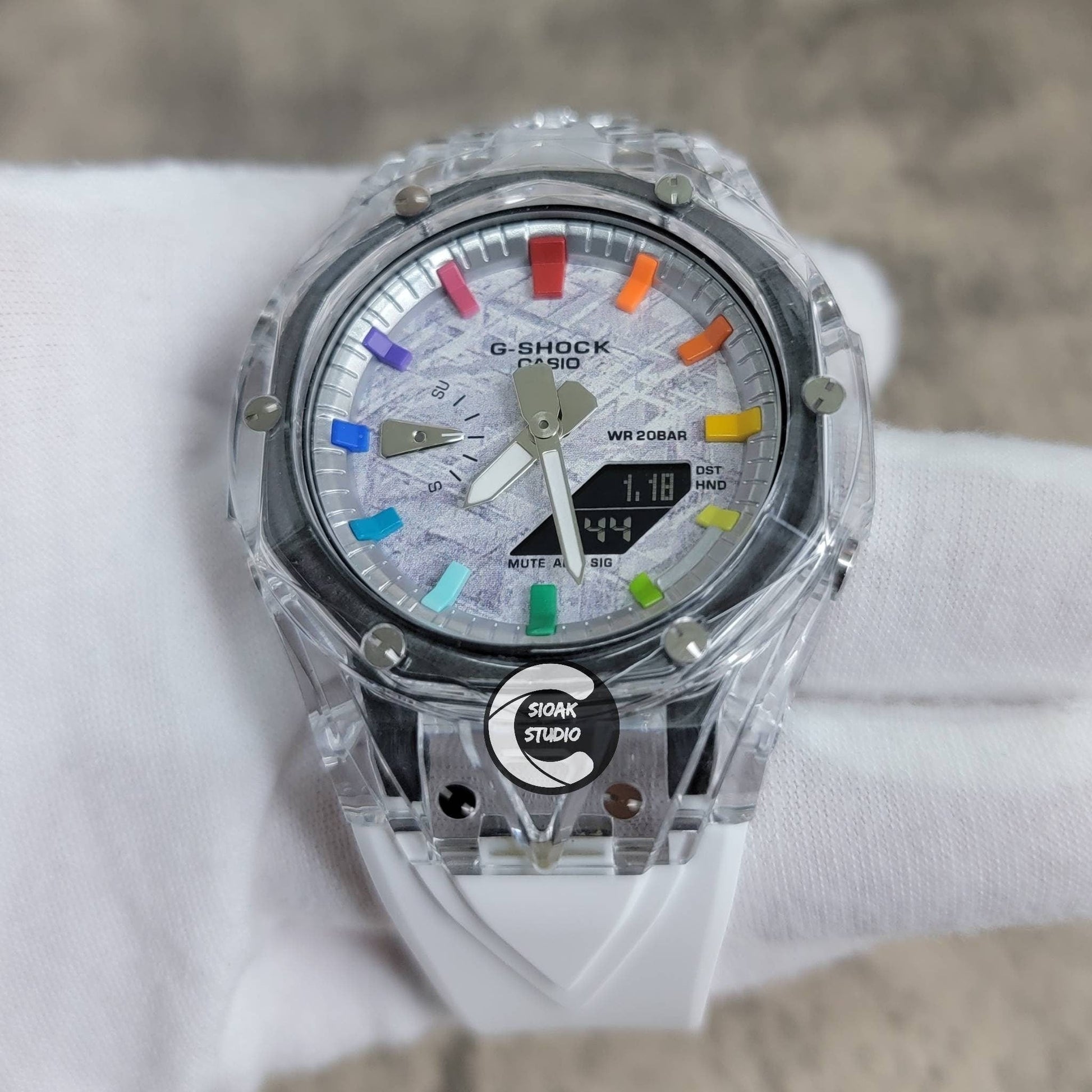 Casioak Mod Watch Transparent Case White Strap Silver Rainbow Time Mark Meteorite Dial 44mm- Casioak Mod Casio G-Shock Royal Oak Custom Mens Luxury Watches Ga2100