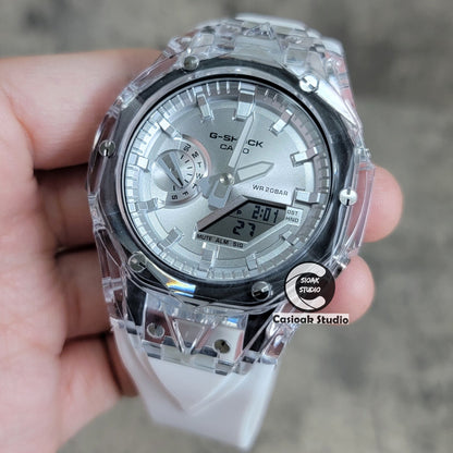 Casioak Mod Watch Transparent Case White Strap Silver Time Mark Silver Dial 44mm- Casioak Mod Casio G-Shock Royal Oak Custom Mens Luxury Watches Ga2100