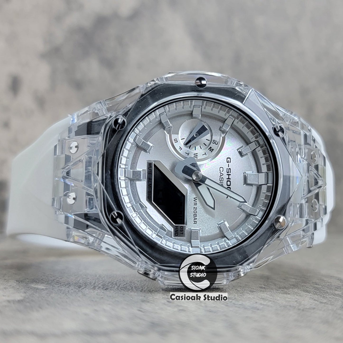 Casioak Mod Watch Transparent Case White Strap Silver Time Mark Silver Dial 44mm- Casioak Mod Casio G-Shock Royal Oak Custom Mens Luxury Watches Ga2100