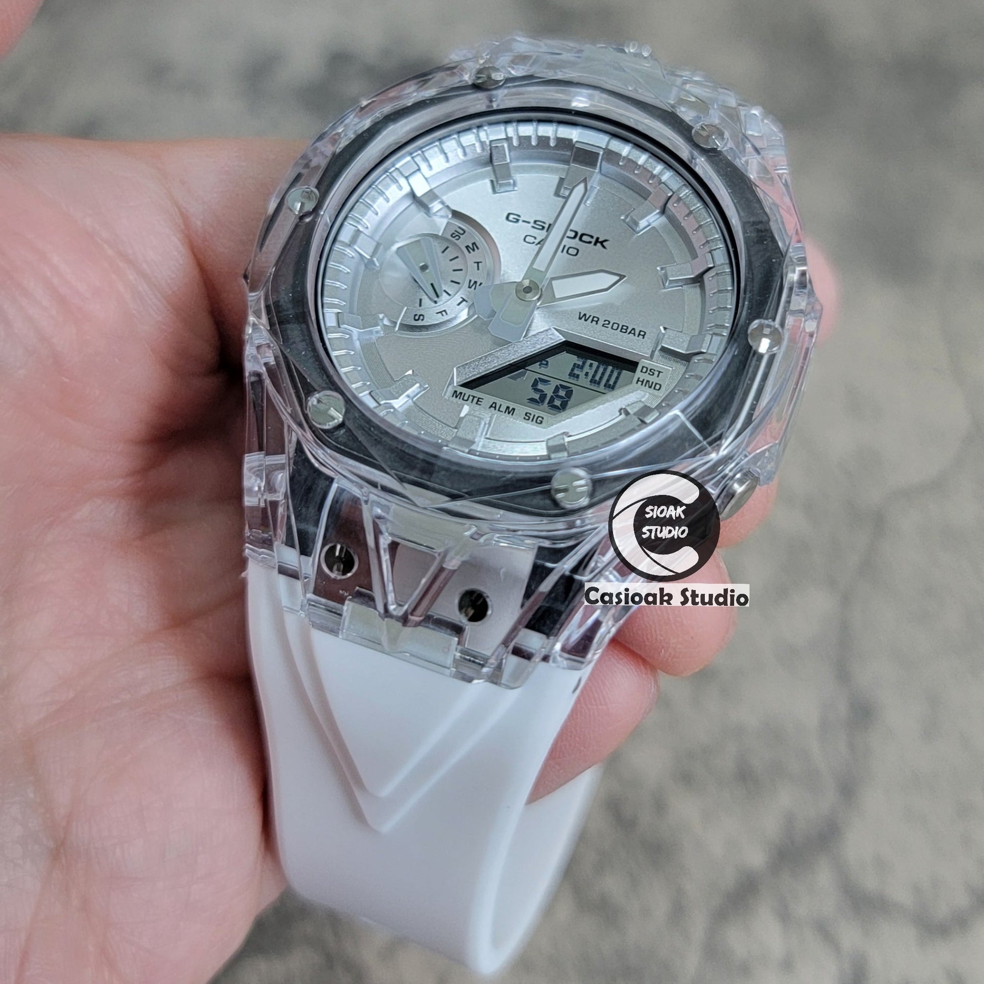 Casioak Mod Watch Transparent Case White Strap Silver Time Mark Silver Dial 44mm- Casioak Mod Casio G-Shock Royal Oak Custom Mens Luxury Watches Ga2100